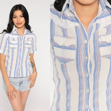 90s Striped Blouse Cotton Gauze Button Up Shirt Blue White Short Sleeve Collared Top Retro Boho Girly Preppy Vintage 1990s Extra Small XS 