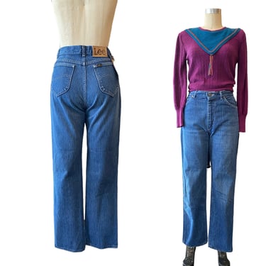 1980s Lee jean, pinstriped, high waist, straight leg, vintage denim, 28 waist, 30 inseam, striped jeans 