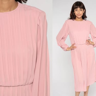 Pleated Midi Dress 80s Semi Sheer Pink Blouson Dress Boho Secretary Bohemian High Waisted Long Sleeve Chic Vintage 1980s High Waist Medium M 