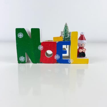 Vintage Wooden NOEL Candle Holder, Wood Block NOEL, Christmas Candle Holder, Putz Santa Claus, Bottlebrush Tree, Novelty Design Taiwan 