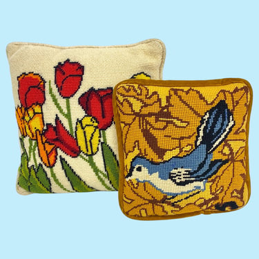 Vintage Throw Pillows Retro 1970s Farmhouse + Needlepoint + Handmade + Set of 2 + Tulip Flowers + Bluebird + MCM Textile + Home Decoration 