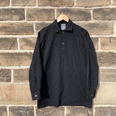 Vintage Grandad Shirt Black - Collared Henley Button Down Smock - Cotton 