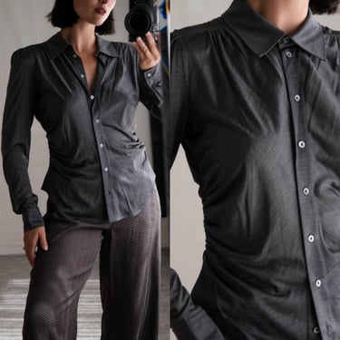 GIORGIO ARMANI Slate Gray Rouged Waist Silk Button Front Blouse w/ Logo Buttons | Made in Italy | Y2K 2000s ARMANI Designer Blouse 