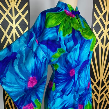 1960s pake muu, vintage maxi dress, angel sleeves, tiki style, hawaiian dress, size large, turquoise and green, barkcloth, mandarin, 38 bust 