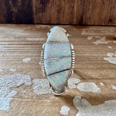 OPAL KINGDOM Sterling Silver and Iridescent Opal Ring | Lab Created Gem Stone | Native American Navajo Southwestern Jewelry | Size 7 