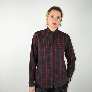 Vintage 80s Shirt / 80s Does 60s Mod / Red Black Checkered Striped Print Blouse Top / 1980s 1990s 90s Button Up / Small XS Medium 