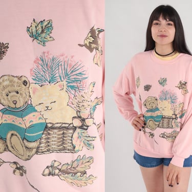 Teddy Bear Kitten Sweatshirt 90s Baby Pink Cat Sweater Retro Fall Autumn Leaves Pinecone Graphic Shirt Cute Grandma Vintage 1990s Large XL 