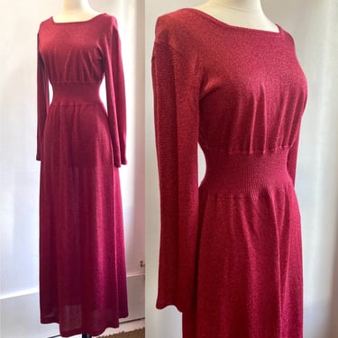 Vintage 70s Red METALLIC Knit Maxi Dress / Sparkly Lurex / Hostess Dress Style / Wide Ribbed Waist / M 