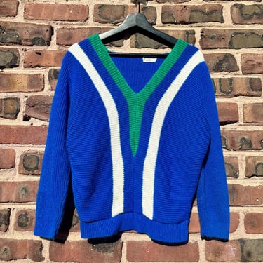 Vintage 70s Blue White Green Striped V Neck Acrylic Pullover Sweater Knit Unisex Small Medium by TimeBa