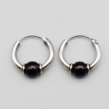 80's 925 silver black enamel bead huggie hoops, edgy little round sterling boho hoop earrings 