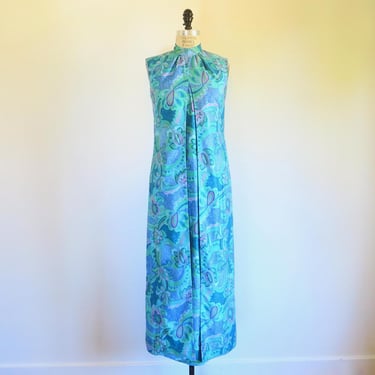 1960's Aqua Blue and Mint Psychedelic Print Combed Cotton Hawaiian Long Maxi Dress Mod Sleeveless Style Mock Neck Resort Luau Size Medium 