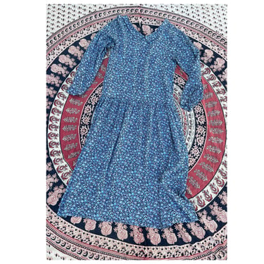 Vintage ‘80s ‘90s PUTUMAYO drop waist dress | blue calico floral, cottage core, M 