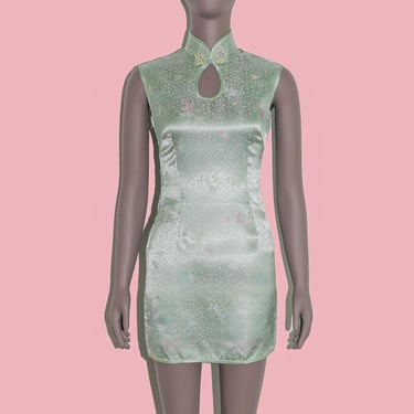 Vintage Floral Jade Cheongsam Short Mini Dress Size XS Holiday Formal Dress Short Party Dress Womens Elegant Cocktail Outfit Sexy Evening 