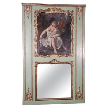 Large Green Painted Trumeau Mirror with Oil Painting of Maiden Circa 1860s