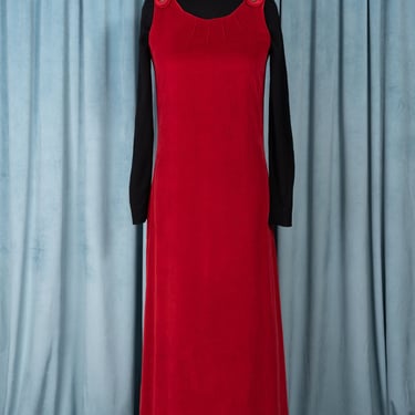 Gorgeous 1970s Red Velvet Full Length Jumper Dress by Glen of Michigan 