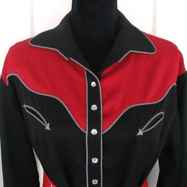 Vintage Western Women's Cowgirl Shirt by H Bar C Ranchwear, Traditionally Styled, Black with Red Yokes and Cuffs, XLarge (see meas. photo) 