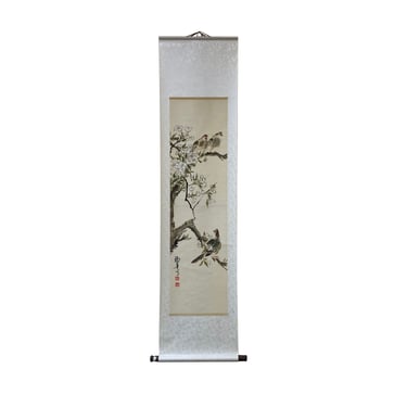 Chinese Color Ink Birds White Flower on Tree Scroll Painting Wall Art ws1982E 