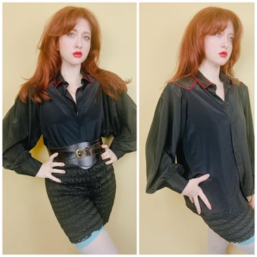 1980s Vintage Jordan New York Poly Silk Volume Sleeve Blouse / 80s Black and Red Trim Faux Leather Shoulder Shirt / Size Large - XL 