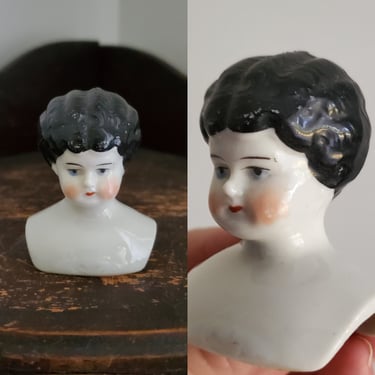 Antique Low Brow China Doll Head with Painted Black Hair - 2 Inches Tall - Antique German Dolls - Collectible Dolls - Doll Parts 