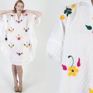 White Mexican Lightweight Caftan, Embroidered Summer Floral Beach Cover Up, South American Once Size Resort Dress 