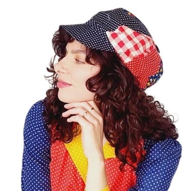 70s Patchwork Quilt Hat Newsboy Hat Gingham Print Boho 