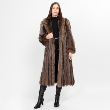 Small 60s Long Brown Raccoon Fur Coat | Vintage Outerwear Mid Century Glam Winter Jacket 