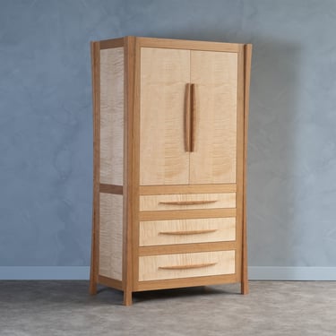 Modern Wardrobe Armoire Bedroom With Drawers and Shelves, Hand Made in Cherry and Curly Maple, 