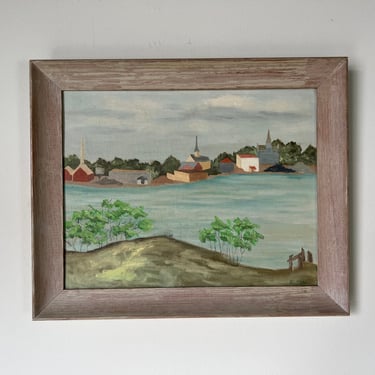 1960's E. Rose Impressionist Coastal Town Landscape Oil Painting, Framed 