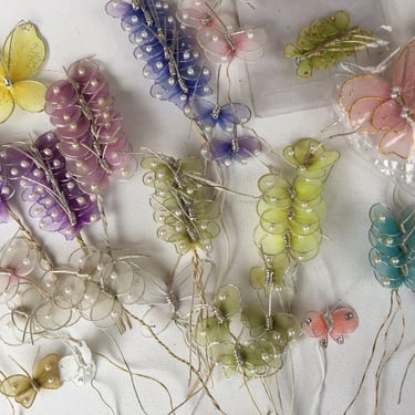Lot Of Vintage Mini Net/Nylon Butterfly Picks, Wedding And Spring Floral Decor, Crafting Supplies, Pastel Butterflies, Shower Decor 