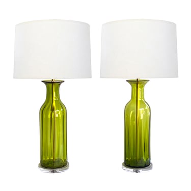 Large Pair Blenko Mid Century Olive-green Ribbed Vases now as Lamps