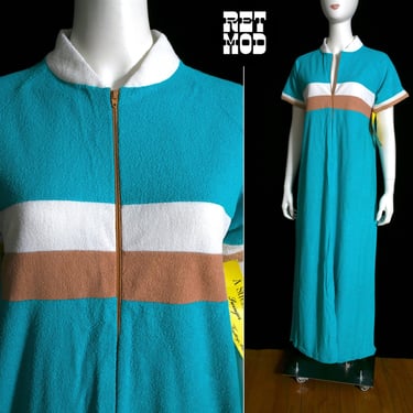Deadstock Bright Vintage 70s Turquoise Blue White Beige Stripe Terrycloth House Dress / Cover-Up / Caftan 
