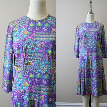 1960s Purple Printed Drop Waist Dress 