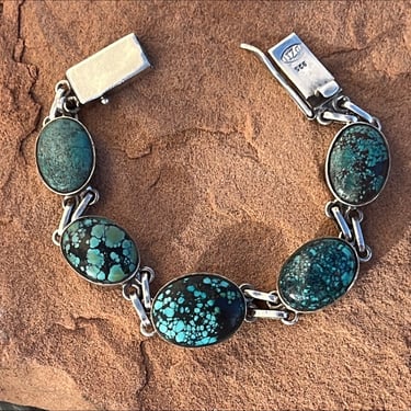 Vintage Southwestern Turquoise and Sterling Silver Link Bracelet Signed DZI 