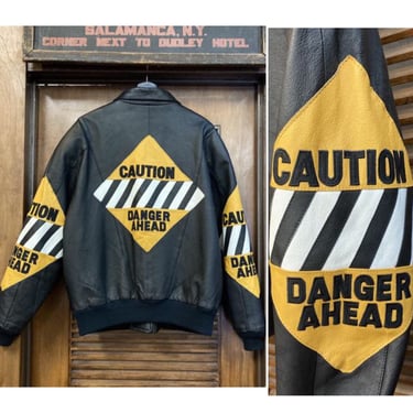 Vintage 1980’s Size XL Caution Street Sign Hip Hop Leather Jacket, 80’s Leather Jacket, 80’s Streetwear, 80’s Hip Hop, Vintage Clothing 
