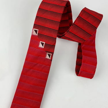 1960'S Tonal Striped Tie With Square Accents - Ombré Red to Black  - Rayon - Narrow Width - Excellent Condition 