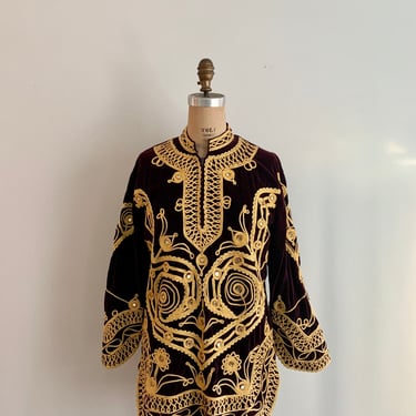 Burgundy velvet, gold cord and mirror embellished East Asian tunic-size M 