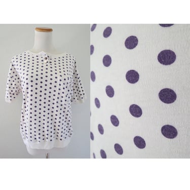 Vintage Polka Dot Print Top 80s Purple Dotted Slouchy Oversized Dolman Blouse Tee Size Medium 