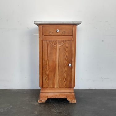 Antique Pine Wood and Carrara Marble Side Table Cabinet 