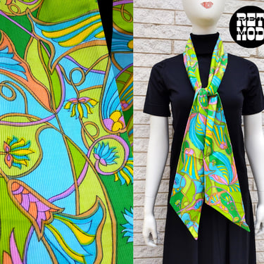 DEADSTOCK Psychedelic Vintage 60s 70s Green Blue Pink Long Scarf 