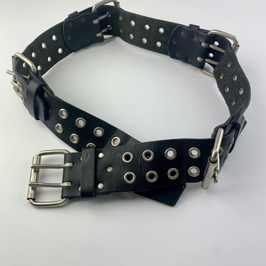 1980's Punk Rocker Belt - Wide Top Grain Leather - 5 Buckled Belts in One - Double Hole Grommets - Adjustable up to 42 inches 