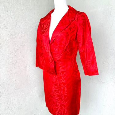 Vintage 50 60s Asian Red Silk Embossed Dress Suit Set Chinese Dynasty Floral Blazer Jacket Pencil Skirt 