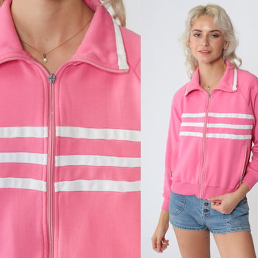 Hot Pink Track Jacket 80s Striped Zip Up Sweatshirt Bomber Retro Warmup Streetwear Athletic Sports Vintage White Stag 1980s Extra Small xs 