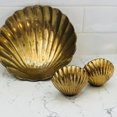 Vintage 3 Piece Set of Brass Clam Shell Salt Pepper Shakers and Bowl by LeChalet