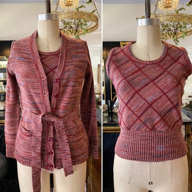 1970s sweater set, space dyed, vintage cardigan, pink and red, argyle, size small, mod style, 2 piece, vintage knitwear, belted, Puccini 