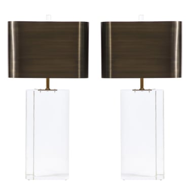 Karl Springer Pair of Large Lucite Block Table Lamps with Brushed Bronze Shades 1970s