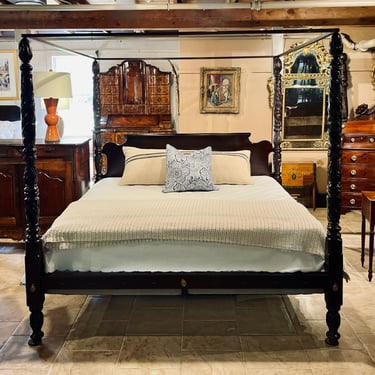 Pineapple & Acanthus Leaf Carved Tall Post Bed in Mahogany, King Size with Chamfered Roll-Back Headboard, 4 Piece Flat Canopy Frame, Custom made by Leonards