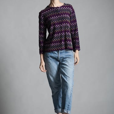 purple knit top cardigan sweater textured zigzag long sleeves vintage 70s MEDIUM M 