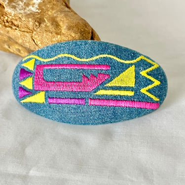 Big Hair Clip, Denim Embroidered, New Wave, Abstract Neon, Vintage 80s Hair Ornament, Sustainable Gift 