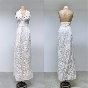 Vintage 1960s Ivory Pin-Tucked Cotton Halter Dress, 60s Mexican Summer Maxi Frock, VFG 