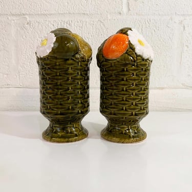 Vintage Salt & Pepper Shakers Extra Large Set 1970s 70s Kitchen Kitsch Kitschy Tilso Green Basketweave White Daisy Japanese Ceramic Japan 